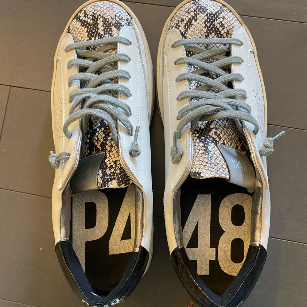 P448 white silver python shoes